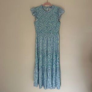 STS Sail to Sable Size M Short Sleeve Blue Multi High-neck Smocked Midi Dress